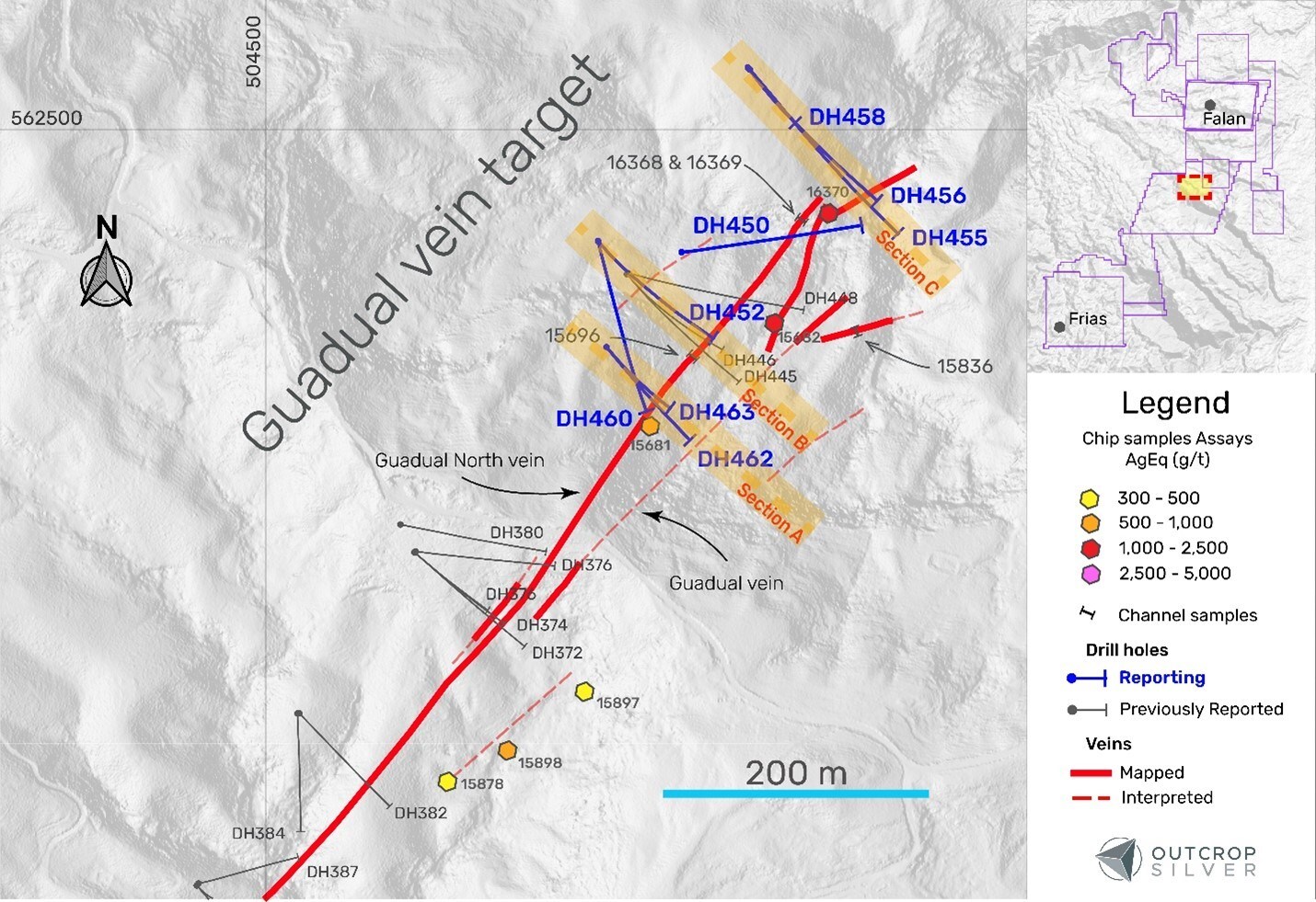 Figure 1. Plan view of the Guadual vein target showing the drill holes reported in this release (Table 1), previously reported holes, and surface exploration samples (Table 3). Hole DH450 intercepted 1.12 m of quartz vein with No Significant Results in the Guadual vein. No Significant Result means an intercept lower than 200 g/t AgEq1. Geological cross-section locations are shown and correspond to Figure 2 and Figure 3. Coordinates are UTM system, zone 18N and WGS84 projection. (CNW Group/Outcrop Silver & Gold Corporation) Figure 1. Plan view of the Guadual vein target showing the drill holes reported in this release (Table 1), previously reported holes, and surface exploration samples (Table 3). Hole DH450 intercepted 1.12 m of quartz vein with No Significant Results in the Guadual vein. No Significant Result means an intercept lower than 200 g/t AgEq1. Geological cross-section locations are shown and correspond to Figure 2 and Figure 3. Coordinates are UTM system, zone 18N and WGS84 projection. (CNW Group/Outcrop Silver & Gold Corporation)