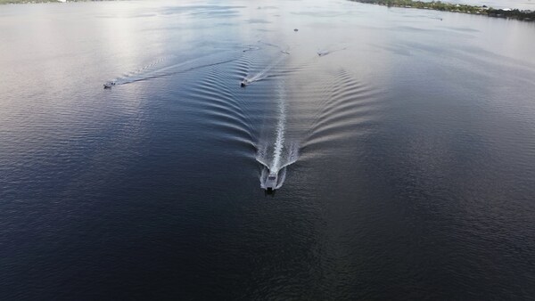 An autonomous “swarm” of MARTAC vessels, led by a 38ft Devil Ray performs a surveillance and interdiction mission for observers from the US military.