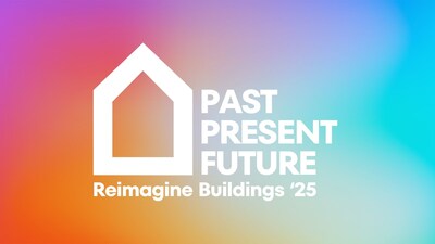 Multicolored background with text announcing the Reimagine Buildings '25 Conference, Past Present Future.