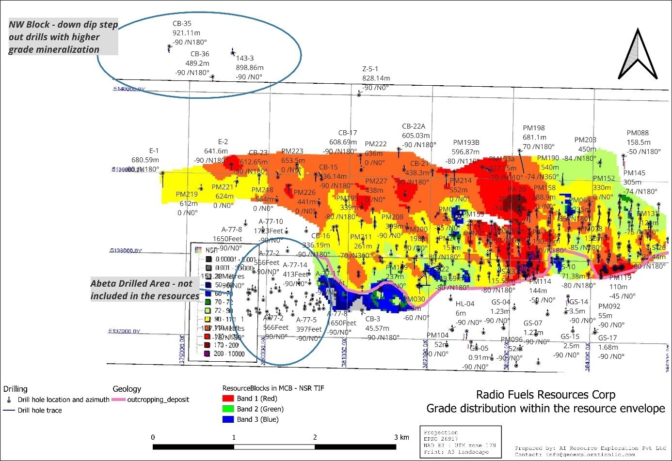 Figure 4: Resource Block Model with grade distribution (plan view). The mineralization dips 20 - 25 to North and is open down dip and at higher grade. The step outs to north show several higher-grade intercepts. To the SW the already drilled Abeta block is not in the resource as this property was acquired later. (CNW Group/Palisades Goldcorp Ltd.)