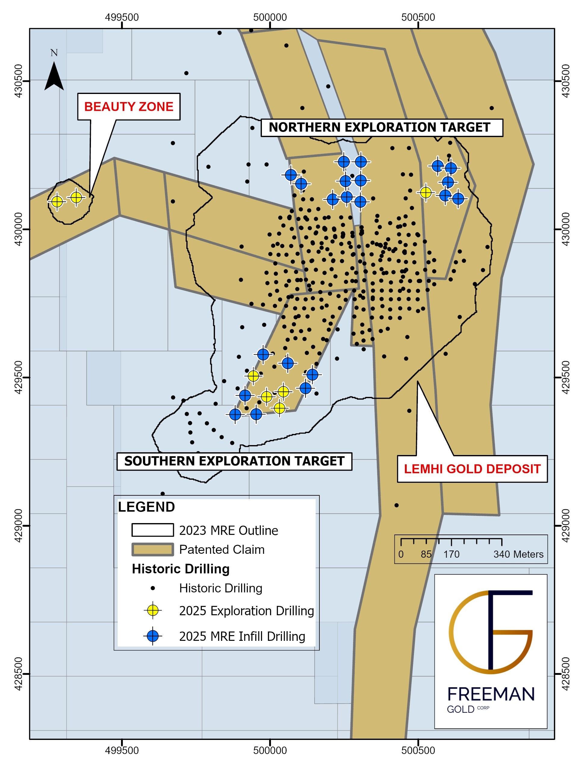 Figure 1: Map of Lemhi showing infill and exploration holes of the 2025 drill program. Note that the majority of the 2023 MRE and Beauty Zone lie within patented claims. (CNW Group/Freeman Gold Corp.) Figure 1: Map of Lemhi showing infill and exploration holes of the 2025 drill program. Note that the majority of the 2023 MRE and Beauty Zone lie within patented claims. (CNW Group/Freeman Gold Corp.)