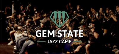 The Gem State Jazz Camp banner featuring the official camp logo over a blurred background of student jazz musicians performing on stage.