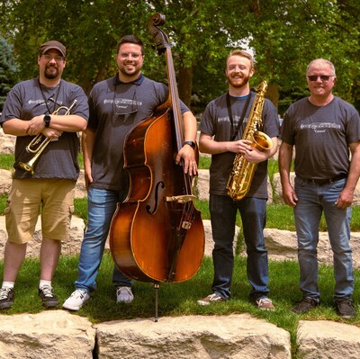 Gem State Jazz Camp faculty members (left to right): Jimmy Pérez-Lawrence (trumpet), Jared Sene (upright bass), Alex Lardie (tenor saxophone), and David Gluck (drums, not pictured with instrument).