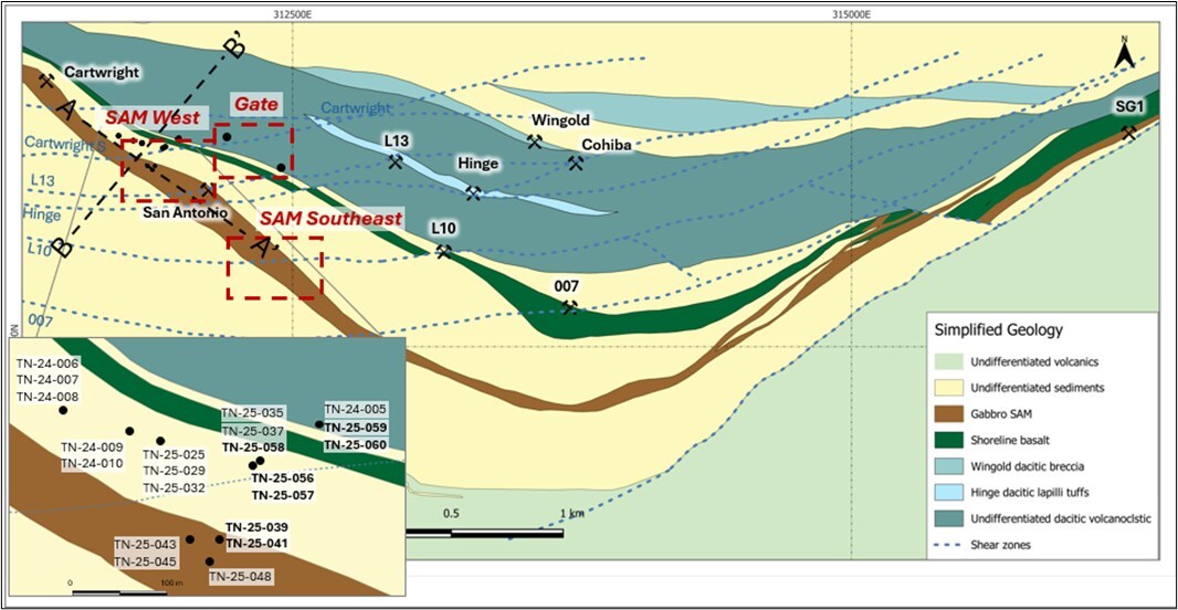 Figure 1: True North: Geology and SAM West and Gate Drill Hole Location Map (CNW Group/1911 Gold Corporation)