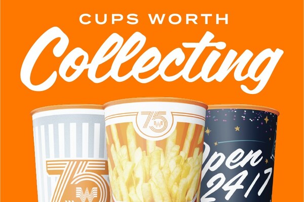 Three collectible Whataburger cups against an orange background, with the text 'Cups Worth Collecting' above. The cups feature designs celebrating Whataburger’s 75th anniversary. (PRNewsfoto/Whataburger)