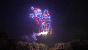 Drones With Pyro Take Flight Over Santa Claus, Indiana
