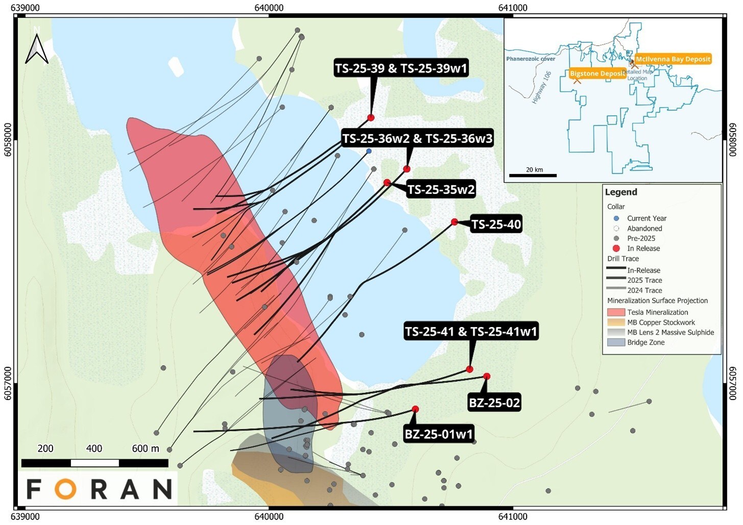 Figure 1 – Plan view of the Tesla and Bridge zones with the location of drill holes presented in this release, along with the surface projections of the interpreted Tesla Zone, McIlvenna Bay and Bridge Zone lenses. (CNW Group/Foran Mining Corporation) Figure 1 – Plan view of the Tesla and Bridge zones with the location of drill holes presented in this release, along with the surface projections of the interpreted Tesla Zone, McIlvenna Bay and Bridge Zone lenses. (CNW Group/Foran Mining Corporation)
