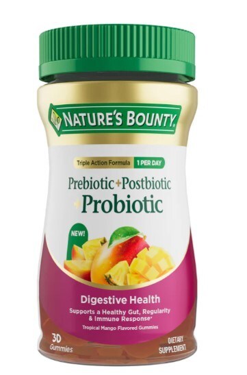 Nature’s Bounty Prebiotic + Postbiotic + Probiotic Gummies feature a triple action formula to help support a healthy gut, regularity and immune response in one gummy per day.*
