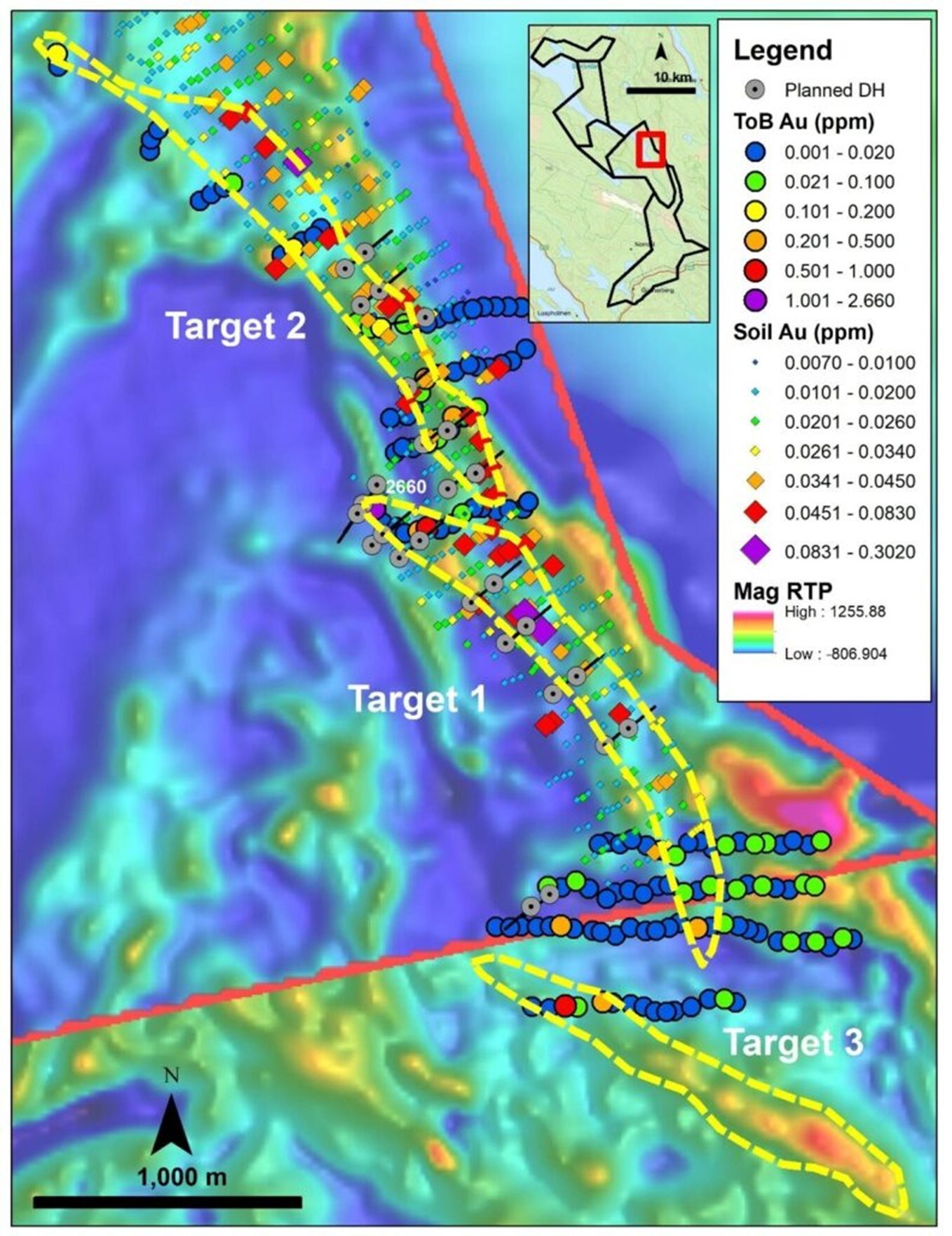 Figure 1: Planned drill holes for the Phase 1 program at Nippas, detailing results of the Q1 2025 BoT/ToB program, surface till pathfinder anomalies, and target trend outlines along structural corridors. The ToB result of 2.66 ppm (2,660 ppb) is shown at the northern tip of Target 1. (CNW Group/First Nordic Metals Corp.) Figure 1: Planned drill holes for the Phase 1 program at Nippas, detailing results of the Q1 2025 BoT/ToB program, surface till pathfinder anomalies, and target trend outlines along structural corridors. The ToB result of 2.66 ppm (2,660 ppb) is shown at the northern tip of Target 1. (CNW Group/First Nordic Metals Corp.)