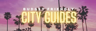 Landscape of Miami Sunset deep purple and orange trees in the foreground with text that says best budget friendly city guys Landscape of Miami Sunset deep purple and orange trees in the foreground with text that says best budget friendly city guys