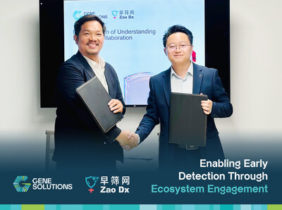 阮懷義博士 – Gene Solutions 的共同創辦人兼執行長(左),以及陳贊泉博士 – ZaoDx 的執行長(右)交換已簽署的合作備忘錄。