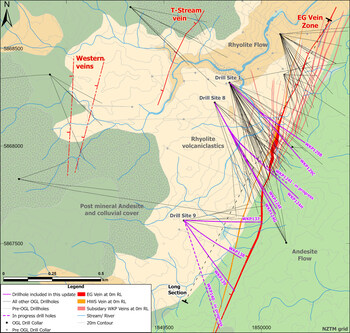 Figure 1: Wharekirauponga plan view of geology and drill traces highlighting the EG vein zone, T-Stream vein, and Western veins, and drill platform locations (CNW Group/OceanaGold Corporation) Figure 1: Wharekirauponga plan view of geology and drill traces highlighting the EG vein zone, T-Stream vein, and Western veins, and drill platform locations (CNW Group/OceanaGold Corporation)