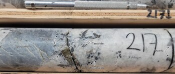 Figure 2: Very coarse-grained tantalite crystals at ~217 m depth in drill hole CV23-109 at the CV5 Pegmatite. Core grades 1,688 ppm Ta2O5 over 0.5 m (216.5 m to 217.0 m). (CNW Group/Patriot Battery Metals Inc.) Figure 2: Very coarse-grained tantalite crystals at ~217 m depth in drill hole CV23-109 at the CV5 Pegmatite. Core grades 1,688 ppm Ta2O5 over 0.5 m (216.5 m to 217.0 m). (CNW Group/Patriot Battery Metals Inc.)
