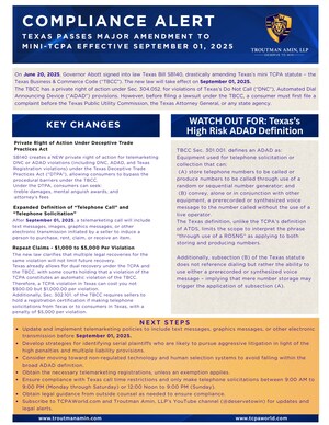 COMPLIANCE ALERT: Troutman Amin, LLP Issues One-Sheeter Compliance Alert Respecting New Texas Telemarketing Law