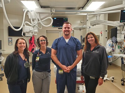 Pictured is trauma surgeon Michael Cormican and study coordinator Morgan Krause with the APPs and ED staff that are integral to the success of the PROMPT study. Left to Right - Katrina Parker, NP, Morgan Krause, RN - Study Coordinator, Michael Cormican, MD - Trauma Surgeon, Nicole Moulder, NP.