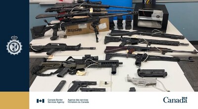 A selection of the prohibited and restricted firearms and firearms manufacturing devices seized by CBSA officers via two search warrants in 2024. (CNW Group/Canada Border Services Agency)