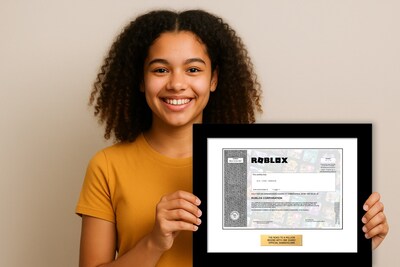 A young shareholder beams with pride while holding her framed Roblox stock certificate - part of a new initiative by KidVestors and GiveAshare.com to turn financial literacy into real-world ownership for kids and teens. A young shareholder beams with pride while holding her framed Roblox stock certificate - part of a new initiative by KidVestors and GiveAshare.com to turn financial literacy into real-world ownership for kids and teens.