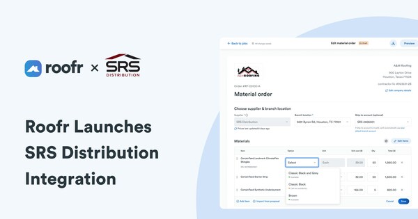 Roofr integrates with SRS Distribution for direct roofing material ordering.