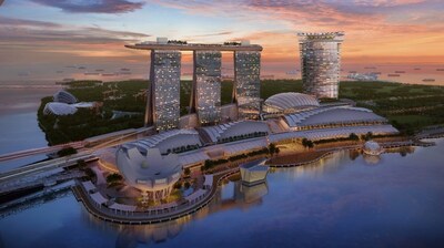 Kawasan tepi air yang dibayangkan dengan menara hotel ultramewah terbaru Las Vegas Sands setinggi 55 lantai dan podium dilengkapi arena berkapasitas 15.000 kursi yang terletak berdampingan dengan Marina Bay Sands yang sudah ada. (Gambar milik Safdie Architects) (PRNewsfoto/Marina Bay Sands)