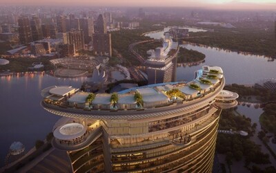Skyloop yang revolusioner tampak dari ketinggian, menonjolkan desain khas dua sayap kembarnya. (Gambar milik Safdie Architects) (PRNewsfoto/Marina Bay Sands)