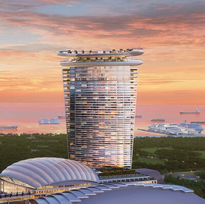 Menara hotel baru yang menjulang dan arena tampak berdiri megah di latar cakrawala. (Gambar milik Safdie Architects) (PRNewsfoto/Marina Bay Sands)
