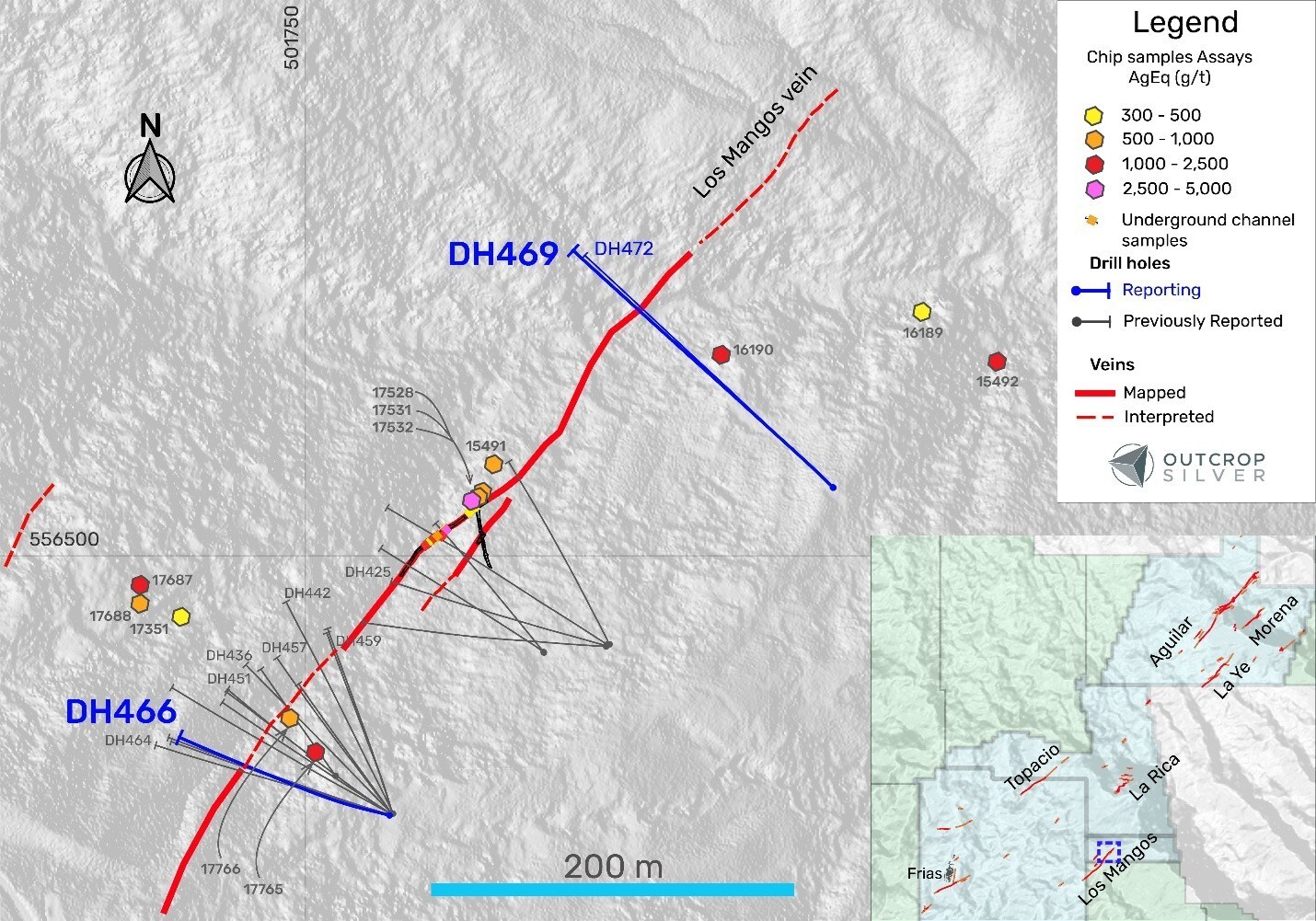 Figure 1. The plan view of the Los Mangos vein target shows the drill holes reported in this release (Table 1), previously reported holes (Table 3), and surface exploration samples (Table 2). Coordinates are in the UTM system, zone 18N, and WGS84 projection. Hole DH472 intercepted 0.93 m of quartz vein with No Significant Results in the Los Mangos vein. No Significant Result means an intercept lower than 200 g/t AgEq1. (CNW Group/Outcrop Silver & Gold Corporation) Figure 1. The plan view of the Los Mangos vein target shows the drill holes reported in this release (Table 1), previously reported holes (Table 3), and surface exploration samples (Table 2). Coordinates are in the UTM system, zone 18N, and WGS84 projection. Hole DH472 intercepted 0.93 m of quartz vein with No Significant Results in the Los Mangos vein. No Significant Result means an intercept lower than 200 g/t AgEq1. (CNW Group/Outcrop Silver & Gold Corporation)