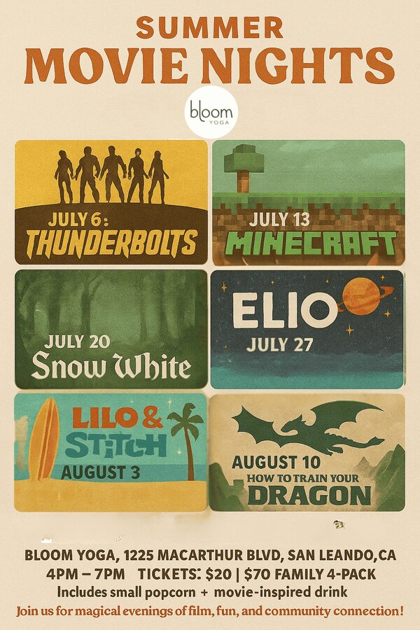 Bloom Yoga Launches Cozy, Family-Friendly “Summer Movie Nights” Series in San Leandro