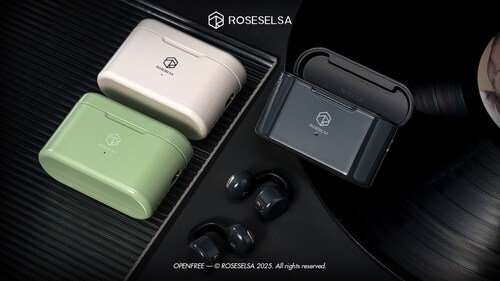 OPENFREE clip-on open-ear wireless earbuds by ROSESELSA, shown in a minimalist product photo.