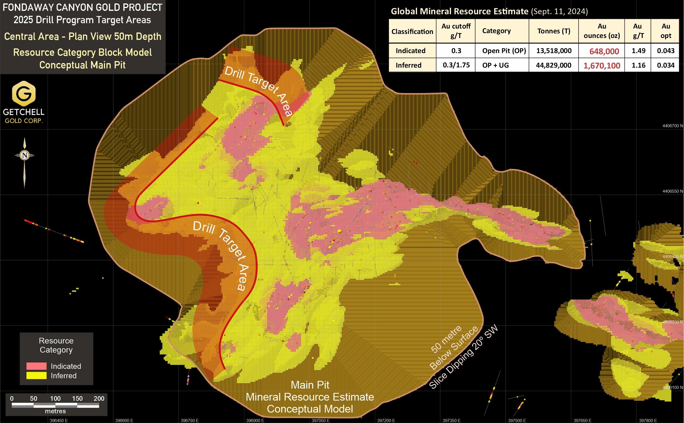 Figure 1: Fondaway Canyon 2025 Drill Target Areas - Main Pit Plan View - MRE 50m depth slice (CNW Group/Getchell Gold Corp.) Figure 1: Fondaway Canyon 2025 Drill Target Areas - Main Pit Plan View - MRE 50m depth slice (CNW Group/Getchell Gold Corp.)