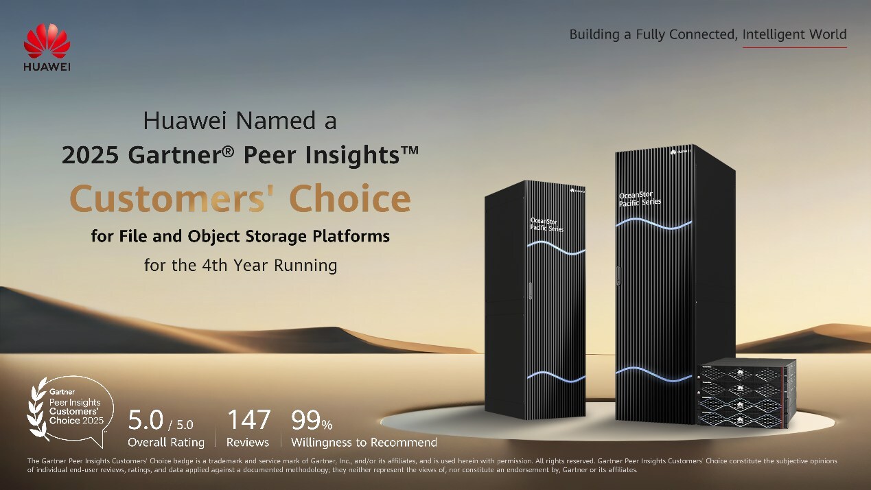 Huawei nominata Gartner® Peer InsightsTM Customers' Choice 2025 per le piattaforme di storage di file e oggetti per il quarto anno consecutivo