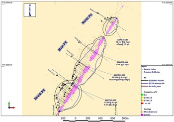 Figure 1: Abore plan map showing current drilling locations and highlighted intercepts (CNW Group/Galiano Gold Inc.) Figure 1: Abore plan map showing current drilling locations and highlighted intercepts (CNW Group/Galiano Gold Inc.)