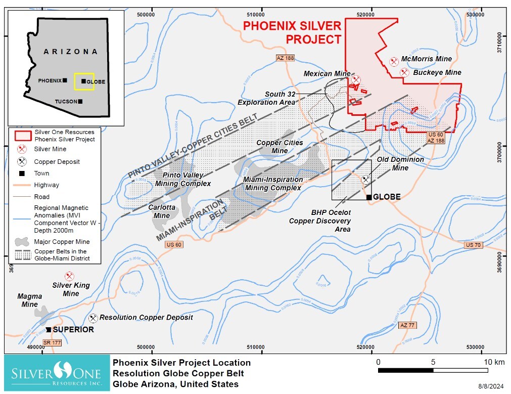 Figure 1: Phoenix Silver location map showing copper belts of the Miami-Globe porphyry copper district and the location of major mines including the Miami-Inspiration mining complex and BHP’s porphyry copper discovery area.  Blue contours are northeast-oriented regional magnetic (MVI – contour interval 0.0002 SI) anomalies which form a spatially coincident signature of the mineral belts of the Miami-Globe copper district.