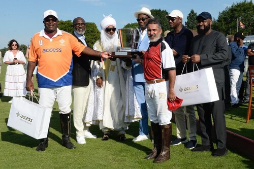 L-R: Adamu Atta, founder of Fifth Chukker, receiving winners’ trophy from the Chairman of Access Holdings, Mr. Aigboje Aig-Imoukhuede and the Managing Director/CEO, Access Bank Plc Nigeria, Mr. Roosevelt Ogbonna along with the Emir of Kano, Khalifa Muhammadu Sanusi II; Governor Dikko Umar Radda of Katsina State, Nigeria and his Niger counterpart, Umar Bago at the 2025 Access Bank Polo Day held on Saturday July 12, 2025 in England. Funds raised from this year’s event will go towards building a further 60 fully equipped school room blocks in Kaduna - Nigeria