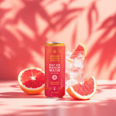 Ruby Red Ranch Water bursts with juicy grapefruit, 10mg of hemp-derived THC, and a blend of adaptogenic mushrooms