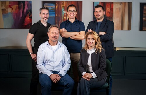 Back row, standing (left to right): Gareth Walsh - COO, Stoil Vasilev - CEO, Emil Savov - CRO. Front row, seated (left to right): Stoyan Genov - CTO, Nevin Hasanova - CPO.