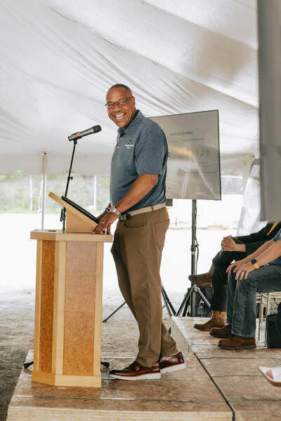 David Neal, executive vice president, Building Products, Georgia-Pacific, speaks at the groundbreaking event at the Englehart OSB mill in Englehart, Ontario.