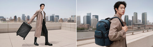 Wei Daxun pictured with the 19 Degree Lite International 4 Wheeled Carry-On in Black Graphite and the Alpha Bravo Navigation Backpack in Navy Coated Canvas.