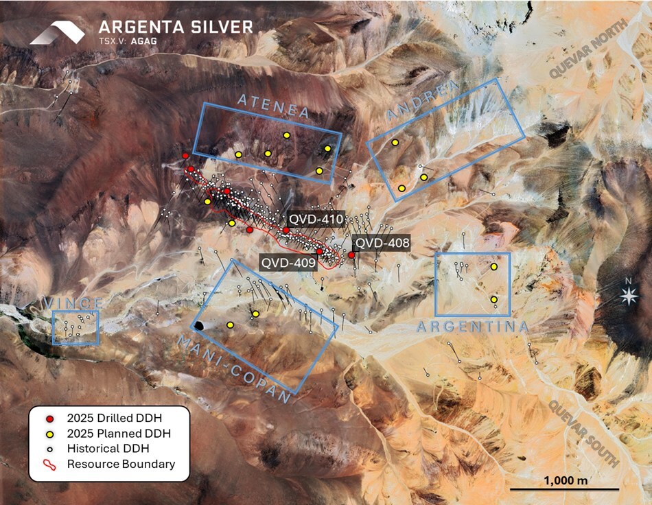 Map showing the location of collars QVD-408, QVD-409 and QVD-410 and planned drillholes of the 2025 drill program. (CNW Group/Argenta Silver Corp.) Map showing the location of collars QVD-408, QVD-409 and QVD-410 and planned drillholes of the 2025 drill program. (CNW Group/Argenta Silver Corp.)