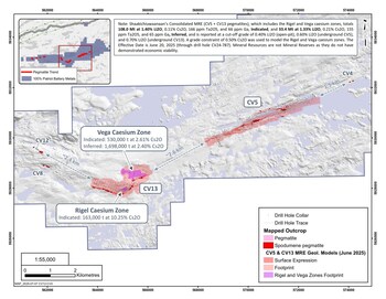 Figure 1: Plan view footprints of the Vega and Rigel caesium zone geological models based on a 0.5% Cs2O grade constraint within the wider CV13 Pegmatite body. (CNW Group/Patriot Battery Metals Inc.) Figure 1: Plan view footprints of the Vega and Rigel caesium zone geological models based on a 0.5% Cs2O grade constraint within the wider CV13 Pegmatite body. (CNW Group/Patriot Battery Metals Inc.)