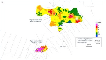 Figure 5: Plan view of the Rigel and Vega caesium zones at the CV13 Pegmatite. (CNW Group/Patriot Battery Metals Inc.) Figure 5: Plan view of the Rigel and Vega caesium zones at the CV13 Pegmatite. (CNW Group/Patriot Battery Metals Inc.)