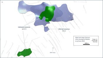 Figure 6: Plan view of the Indicated (green) and Inferred (blue) block model classifications for the Rigel and Vega caesium zones at the CV13 Pegmatite. (CNW Group/Patriot Battery Metals Inc.) Figure 6: Plan view of the Indicated (green) and Inferred (blue) block model classifications for the Rigel and Vega caesium zones at the CV13 Pegmatite. (CNW Group/Patriot Battery Metals Inc.)