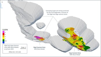 Figure 7: Oblique view of the Rigel and Vega caesium zone block models within the conceptual open-pit mining constraint shape for the CV13 Pegmatite. (CNW Group/Patriot Battery Metals Inc.) Figure 7: Oblique view of the Rigel and Vega caesium zone block models within the conceptual open-pit mining constraint shape for the CV13 Pegmatite. (CNW Group/Patriot Battery Metals Inc.)