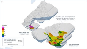 Figure 8: Oblique view of the Rigel and Vega caesium zone block models within the conceptual open-pit mining constraint shape for the CV13 Pegmatite. (CNW Group/Patriot Battery Metals Inc.) Figure 8: Oblique view of the Rigel and Vega caesium zone block models within the conceptual open-pit mining constraint shape for the CV13 Pegmatite. (CNW Group/Patriot Battery Metals Inc.)