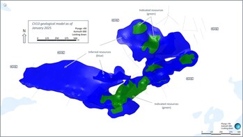Figure 12: Plan view of the global Indicated (green) and Inferred (blue) block model classifications for the CV13 Spodumene Pegmatite. (CNW Group/Patriot Battery Metals Inc.) Figure 12: Plan view of the global Indicated (green) and Inferred (blue) block model classifications for the CV13 Spodumene Pegmatite. (CNW Group/Patriot Battery Metals Inc.)