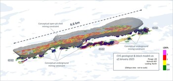 Figure 13: Oblique view of the CV5 Spodumene Pegmatite block model with respect to applied open-pit and underground conceptual mining constraint shapes. (CNW Group/Patriot Battery Metals Inc.) Figure 13: Oblique view of the CV5 Spodumene Pegmatite block model with respect to applied open-pit and underground conceptual mining constraint shapes. (CNW Group/Patriot Battery Metals Inc.)