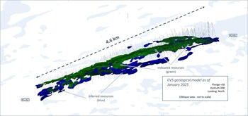 Figure 14: Oblique view of the global Indicated (green) and Inferred (blue) block model classifications for the CV5 Spodumene Pegmatite. (CNW Group/Patriot Battery Metals Inc.) Figure 14: Oblique view of the global Indicated (green) and Inferred (blue) block model classifications for the CV5 Spodumene Pegmatite. (CNW Group/Patriot Battery Metals Inc.)
