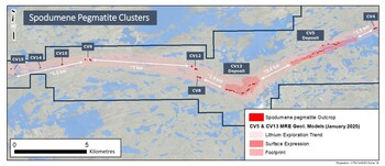 Figure 19: Spodumene pegmatite clusters at the Property discovered to date. (CNW Group/Patriot Battery Metals Inc.) Figure 19: Spodumene pegmatite clusters at the Property discovered to date. (CNW Group/Patriot Battery Metals Inc.)