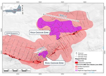 Figure 21: Diamond drill hole and channel locations at the CV13 Spodumene Pegmatite, which form the basis of the Caesium Zone MRE. (CNW Group/Patriot Battery Metals Inc.) Figure 21: Diamond drill hole and channel locations at the CV13 Spodumene Pegmatite, which form the basis of the Caesium Zone MRE. (CNW Group/Patriot Battery Metals Inc.)