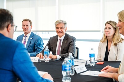 Dr. Oz speaks with cross-sector leaders at the private roundtable hosted by AtlantiCare in Atlantic City, NJ. | Seated left to right: Michael Charlton, President and CEO of AtlantiCare, Dr. Mehmet Oz, CMS Administrator, and Ashley Thompson, SVP, Policy Analysis and Development, American Hospital Association.