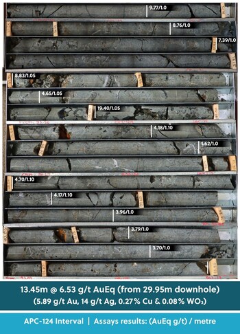 Figure 2: Drill Core Tray Photo Highlighting High-Grade Mineralization Encountered Close to Surface in Drill Hole APC-124 (CNW Group/Collective Mining Ltd.) Figure 2: Drill Core Tray Photo Highlighting High-Grade Mineralization Encountered Close to Surface in Drill Hole APC-124 (CNW Group/Collective Mining Ltd.)